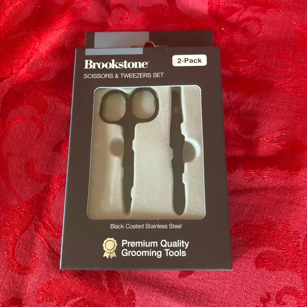 🌵 3/$15 Brookstone black coated stainless steel scissors and tweezers set
